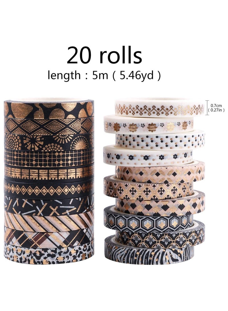 20 Rolls Washi Tape Set Decorative Gold Stamping Masking Tapes Craft Supplies for DIY Bullet or Journal Accessories,Scrapbook Accessories, Scrapbooking Supplies and Gift Wrapping Decoration,7mm x 5M