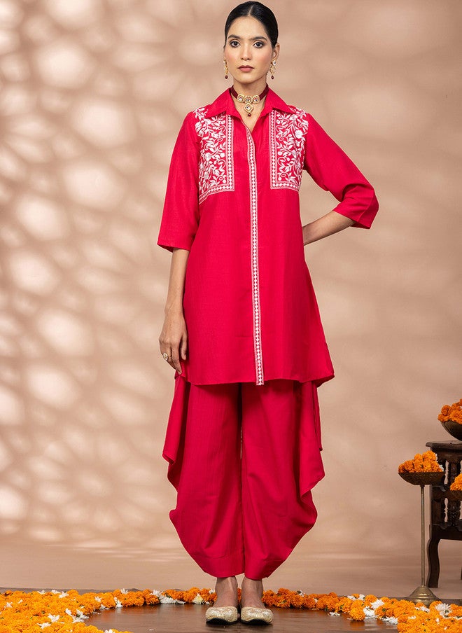 WineRed Wine Red Embroidered Three-Quarter Sleeves Tunic With Salwar - Image 1