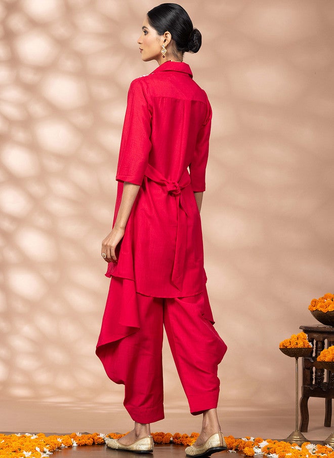 WineRed Wine Red Embroidered Three-Quarter Sleeves Tunic With Salwar - Image 4
