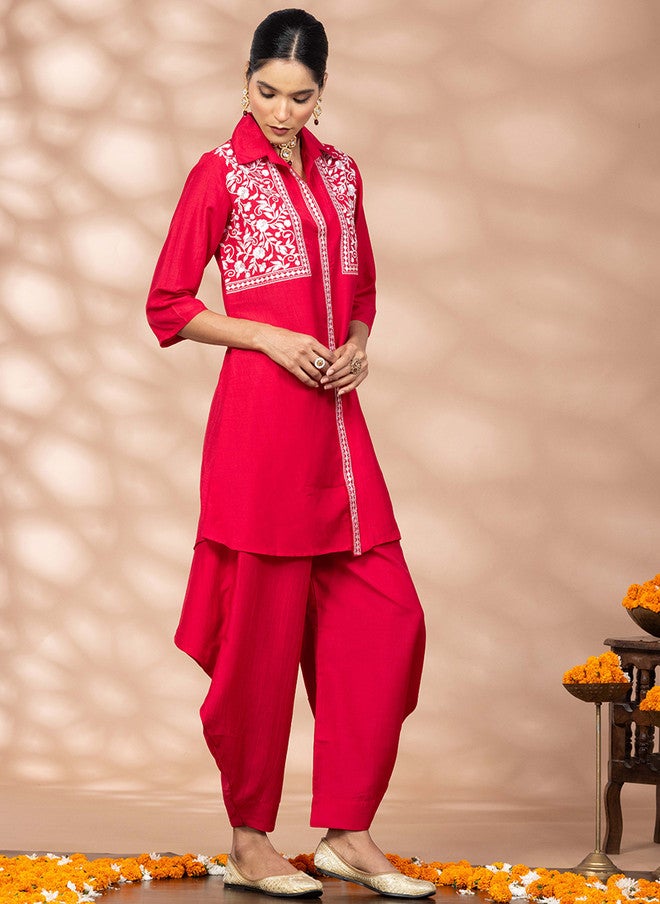 WineRed Wine Red Embroidered Three-Quarter Sleeves Tunic With Salwar - Image 3