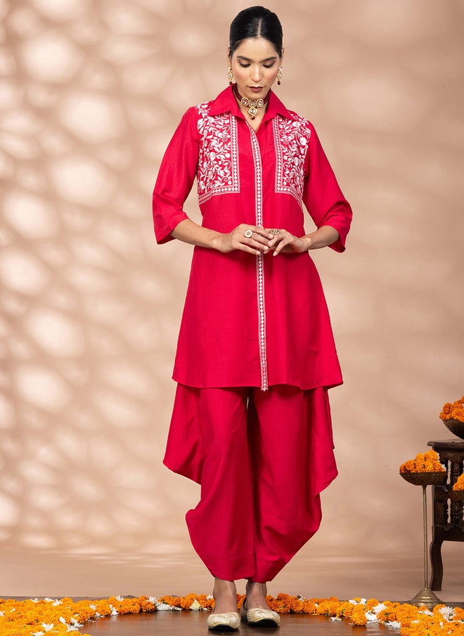 WineRed Wine Red Embroidered Three-Quarter Sleeves Tunic With Salwar - Image 5