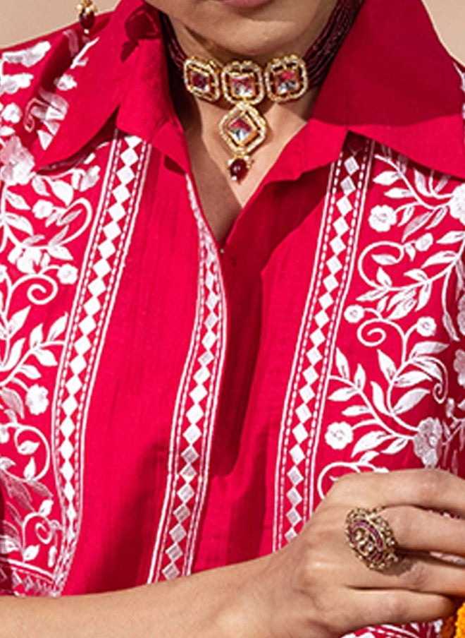 WineRed Wine Red Embroidered Three-Quarter Sleeves Tunic With Salwar - Image 2
