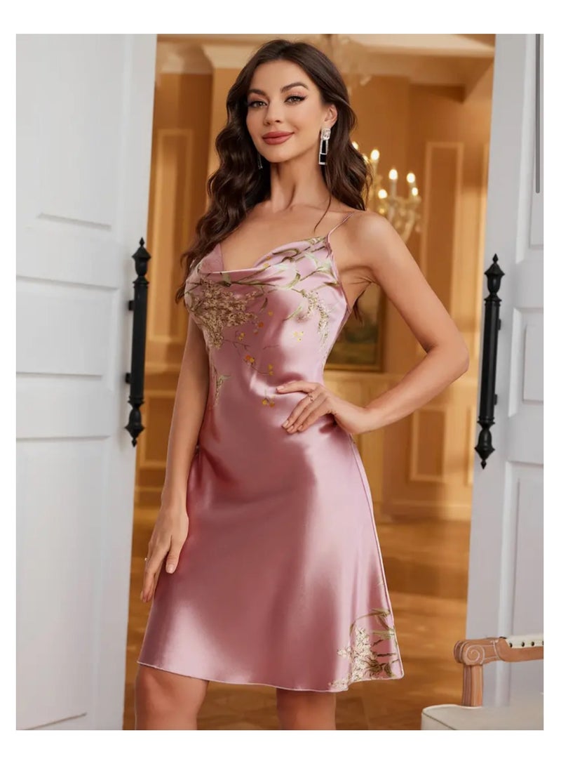 Night Gown for Women Floral Print Elegant Satin Sleepwear Night Dress for Ladies - Image 1