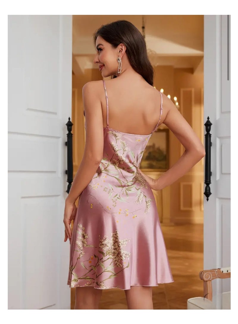 Night Gown for Women Floral Print Elegant Satin Sleepwear Night Dress for Ladies - Image 2