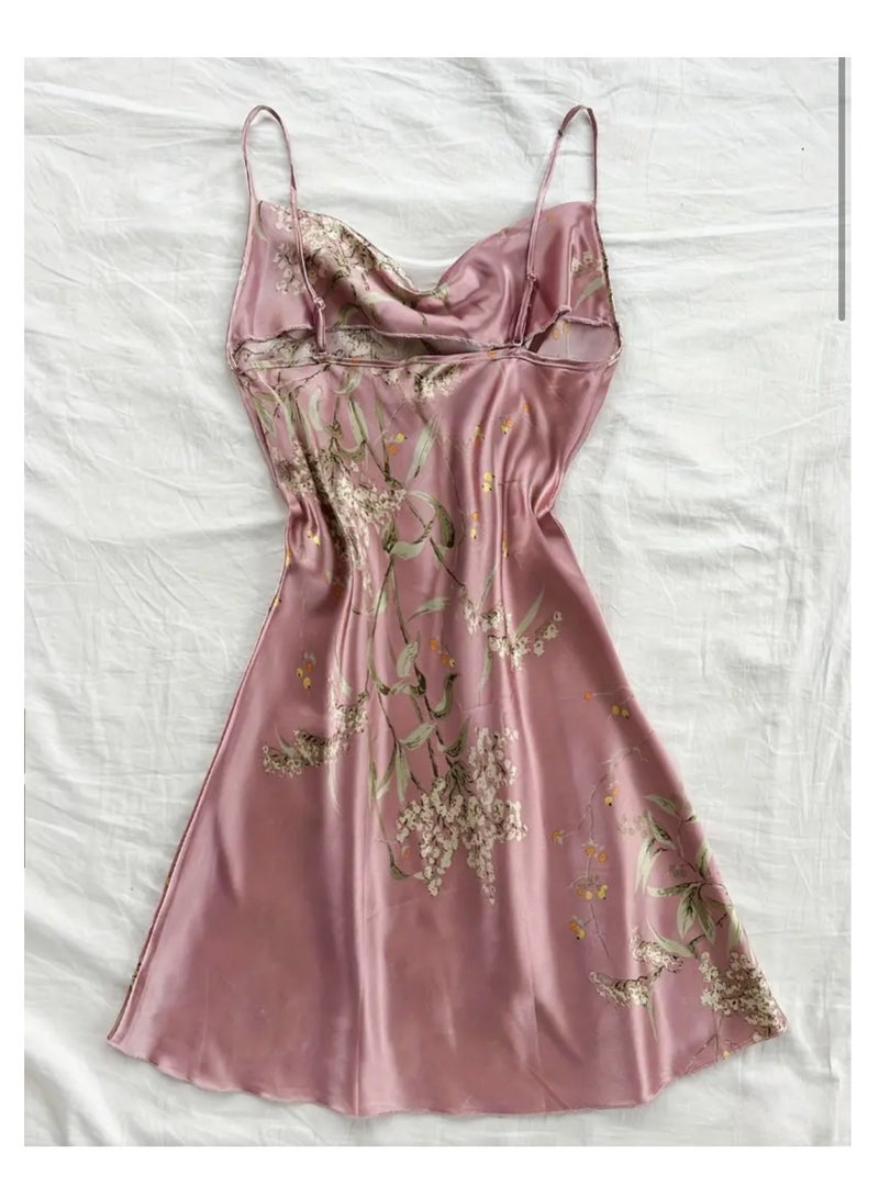 Night Gown for Women Floral Print Elegant Satin Sleepwear Night Dress for Ladies - Image 3