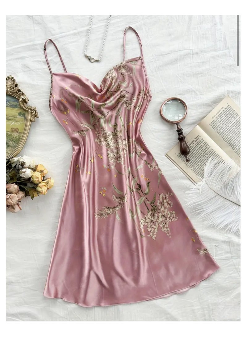 Night Gown for Women Floral Print Elegant Satin Sleepwear Night Dress for Ladies - Image 4