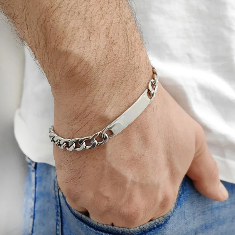 شافين Gray Steel Men's Flat Chain Model Imprint Bracelet EU40BY