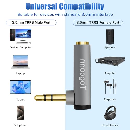 Togconn Right Angle 3.5mm 1/8" Audio Adapter 2-Pack, 90 Degree 3.5mm 1/8 Inch TRS Male to Female Stereo Jack Plug AUX Gold-Plated Connector Compatible with Headset, Tablets, MP3 Players, Speakers - Image 4