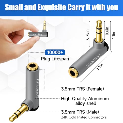 Togconn Right Angle 3.5mm 1/8" Audio Adapter 2-Pack, 90 Degree 3.5mm 1/8 Inch TRS Male to Female Stereo Jack Plug AUX Gold-Plated Connector Compatible with Headset, Tablets, MP3 Players, Speakers - Image 2