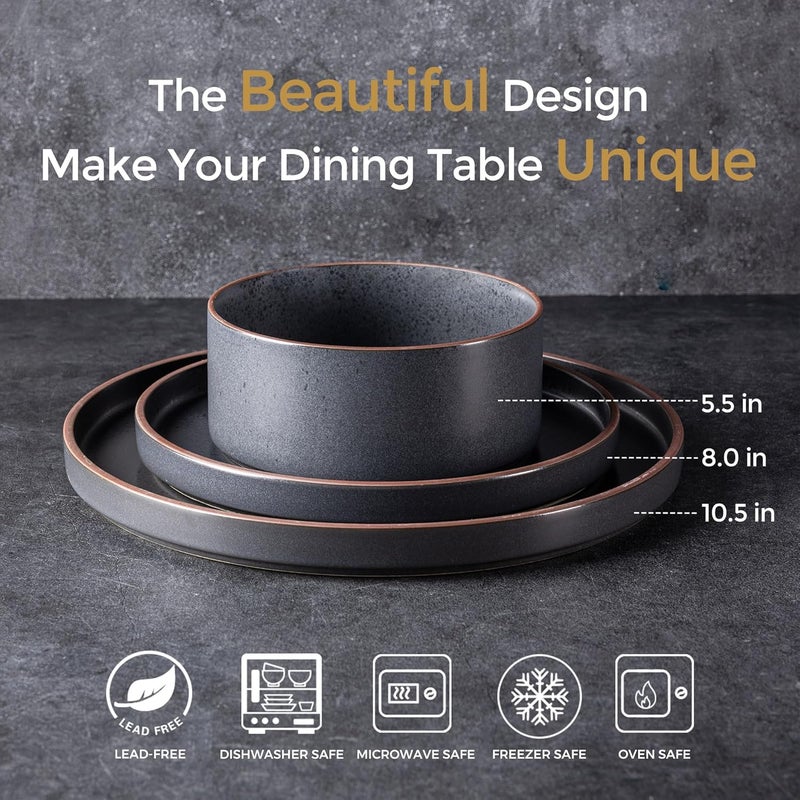 LERATIO Ceramic Dinnerware Sets of 4 High Edge Stoneware Plates and Bowls Set Chip and Crack Resistant  Oven  Dishwasher  Microwave Safe Dishes Set Service for 4 Ashen - Image 2