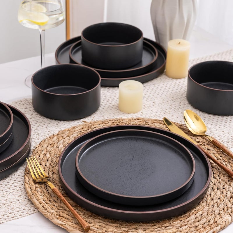 LERATIO Ceramic Dinnerware Sets of 4 High Edge Stoneware Plates and Bowls Set Chip and Crack Resistant  Oven  Dishwasher  Microwave Safe Dishes Set Service for 4 Ashen - Image 4