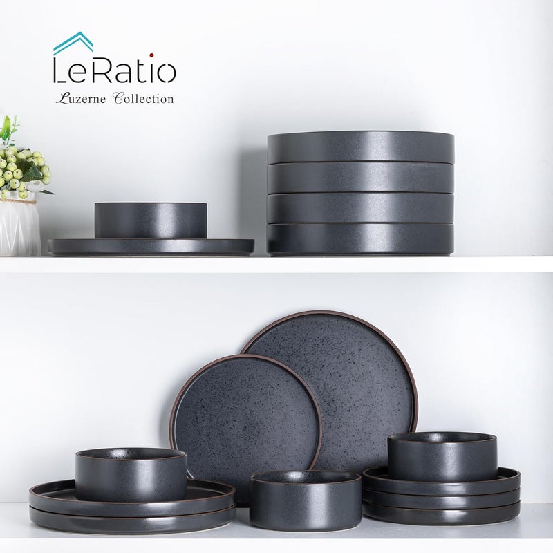 LERATIO Ceramic Dinnerware Sets of 4 High Edge Stoneware Plates and Bowls Set Chip and Crack Resistant  Oven  Dishwasher  Microwave Safe Dishes Set Service for 4 Ashen - Image 5