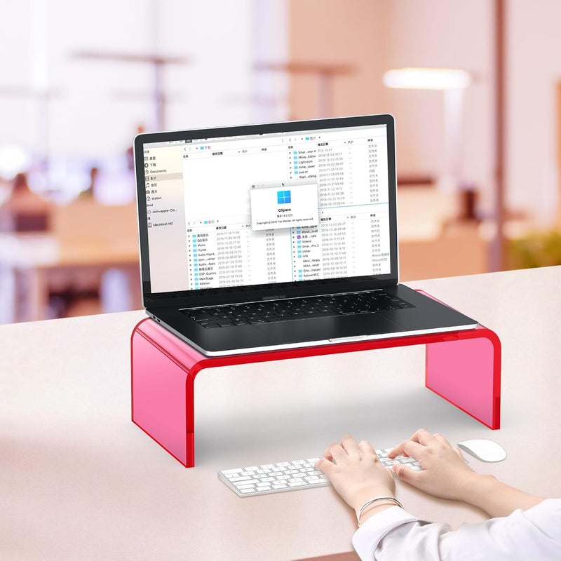 Beimu Acrylic Monitor Stand Riser L15''xW7.5''xH4'' Acrylic Laptop Stand Riser for Desk Clear Computer Monitor Stand for Desk Office Organizer for Office Home Bright Pink - Image 4