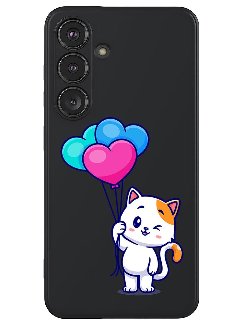 Theodor Protective Slim Fit Case Liquid Silicone Cover with Full Body Protection Anti-Scratch Shockproof Case For Samsung Galaxy S25 Plus (Black) - Cat holding Baloons - Image 1