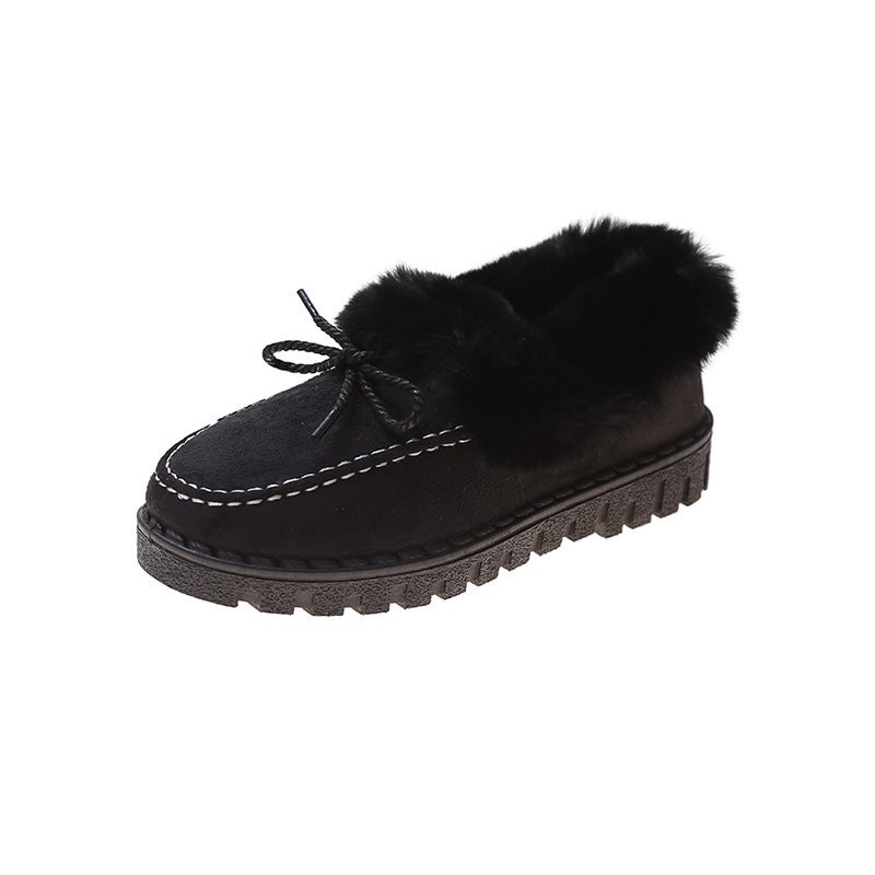 All-match wool plush round head womens shoes for outdoor wear autumn and winter 2024 new one-step fleece-lined thick warm cotton shoes Black