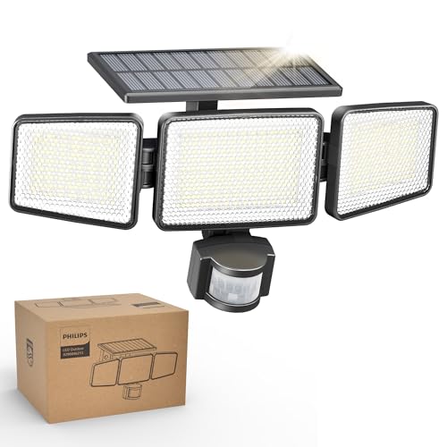Philips Solar Security Light Outdoor Light 302 LEDs 1200lm，Solar-Powered Waterproof Wall-Mounted Flood Light w/PIR Motion Sensor, 3 Heads, IP65 Waterproof, 3 Modes (1 Pack) - Image 1