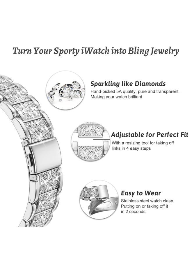 7AM2M Compatible for Apple Watch Band 45mm with Bling Case, Women Stainless Steel Metal Replacement Strap Rhinestone Wristband Bracelet for iWatch Series 9 8 7 6 5 4 3 2 1 SE, Silver  - Image 4