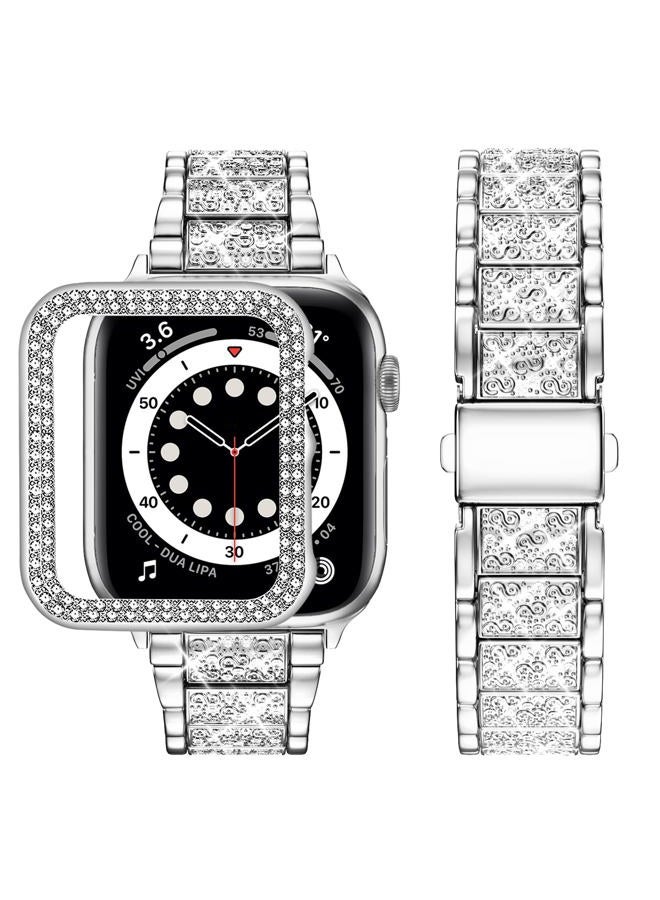 7AM2M Compatible for Apple Watch Band 45mm with Bling Case, Women Stainless Steel Metal Replacement Strap Rhinestone Wristband Bracelet for iWatch Series 9 8 7 6 5 4 3 2 1 SE, Silver  - Image 1