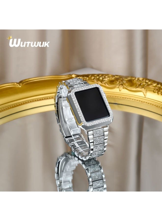 7AM2M Compatible for Apple Watch Band 45mm with Bling Case, Women Stainless Steel Metal Replacement Strap Rhinestone Wristband Bracelet for iWatch Series 9 8 7 6 5 4 3 2 1 SE, Silver  - Image 3