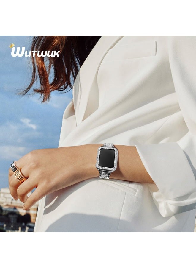 7AM2M Compatible for Apple Watch Band 45mm with Bling Case, Women Stainless Steel Metal Replacement Strap Rhinestone Wristband Bracelet for iWatch Series 9 8 7 6 5 4 3 2 1 SE, Silver  - Image 2