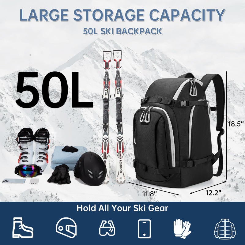MIGGEEY Ski Boot Bag, 50L Ski Boot Travel Backpack for Skis, Snowboard & Accessories, Waterproof Padded Ski Boot Bag Backpack - Image 2