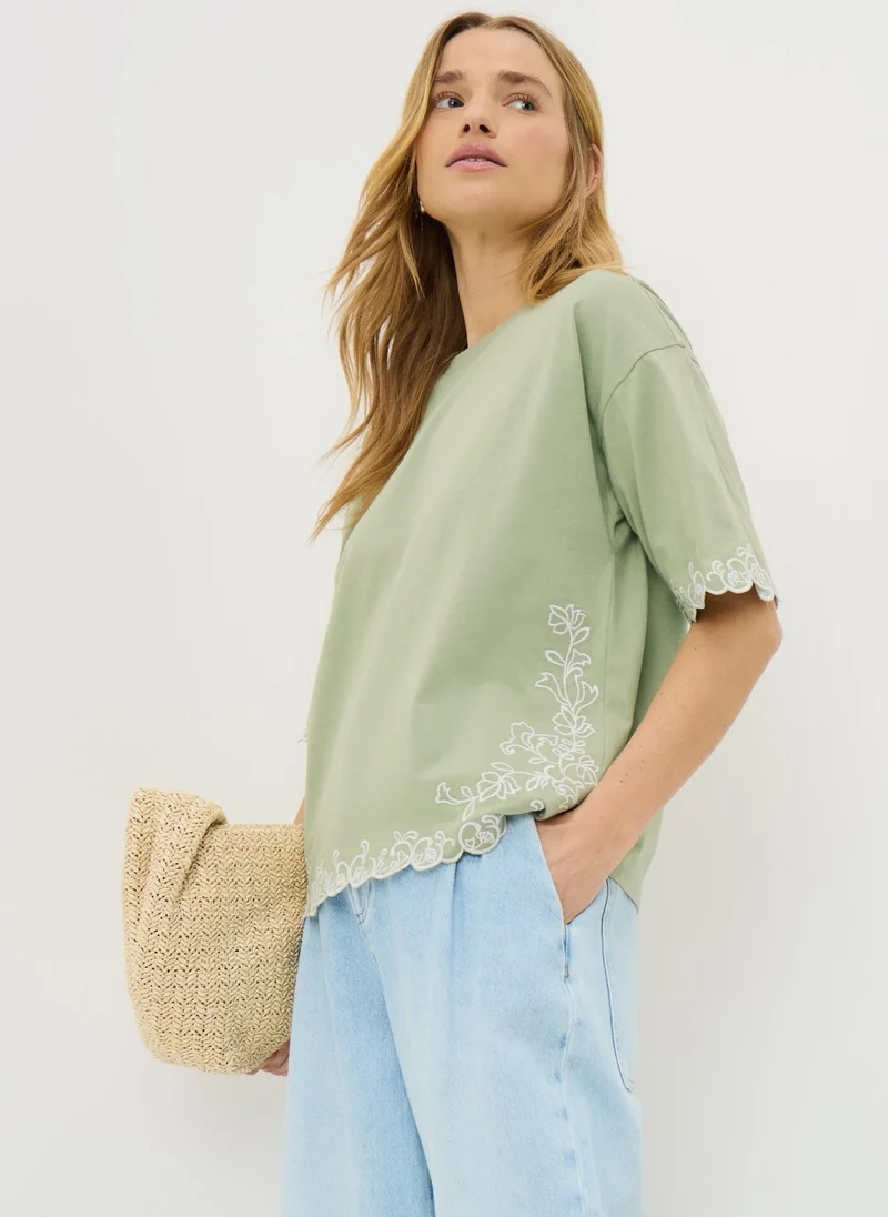 Matalan Sage Green Embroidered Boxy T-Shirt