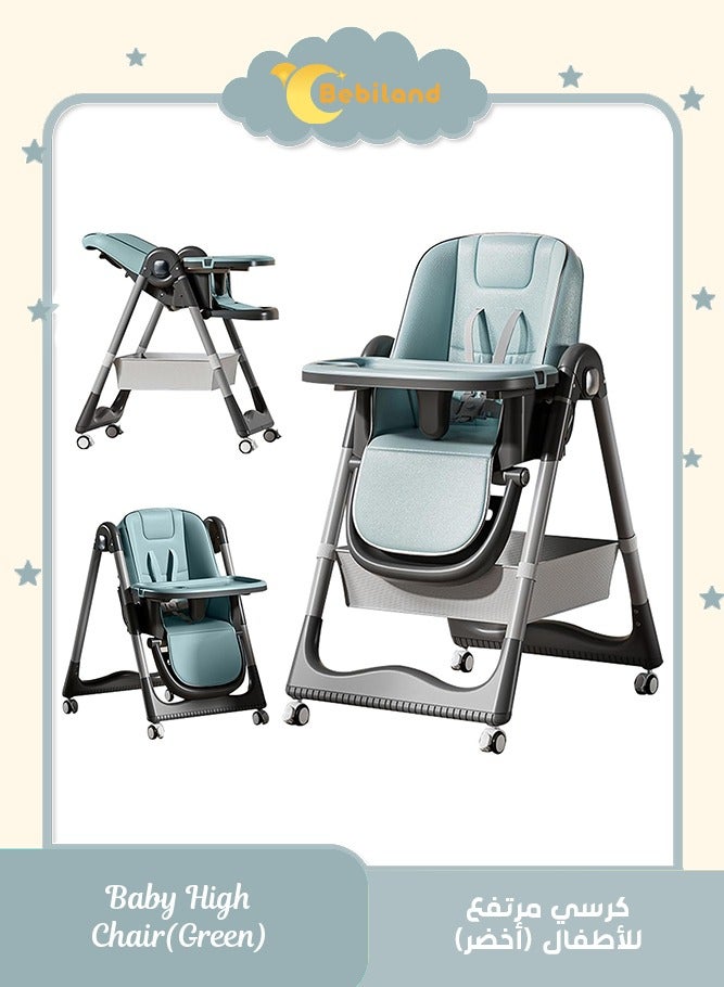 بيبي لاند كرسي مرتفع للاطفال 3 في 1 بعجلات، كرسي مرتفع قابل للطي للسفر بـ7 ارتفاعات مع صينية وجيب تخزين و4 امالة قابلة للتعديل للاطفال الصغار (أخضر) - Image 1