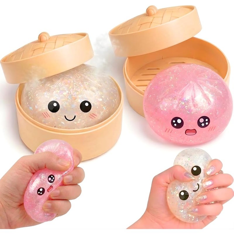 Lemoneon Glitter Dumpling Squishy Mystery Box 2 Pcs - 2026 Upgraded Dumplings Squishes for Adults Teens Squeeze Easter Basket Stuffers & Stocking Stuff Smiling White and Sad Pink - Image 1