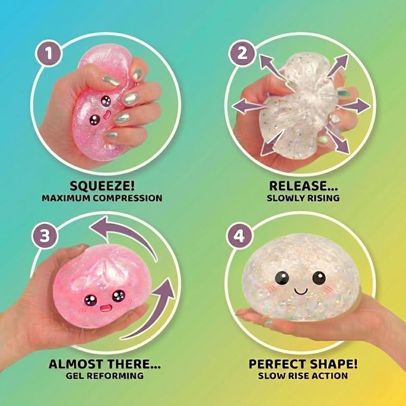 Lemoneon Glitter Dumpling Squishy Mystery Box 2 Pcs - 2026 Upgraded Dumplings Squishes for Adults Teens Squeeze Easter Basket Stuffers & Stocking Stuff Smiling White and Sad Pink - Image 4