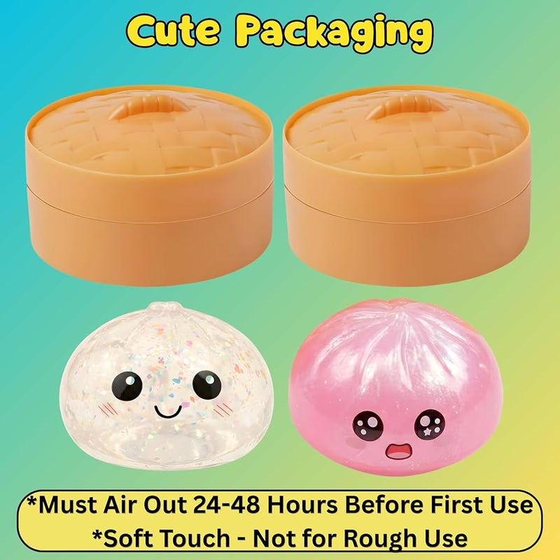 Lemoneon Glitter Dumpling Squishy Mystery Box 2 Pcs - 2026 Upgraded Dumplings Squishes for Adults Teens Squeeze Easter Basket Stuffers & Stocking Stuff Smiling White and Sad Pink - Image 3