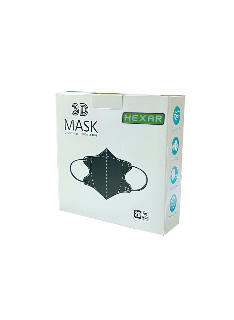 HEXAR - 20pc Face Mask 3D Disposable Adult's 3-Ply Melt Blown Filter Black Face Mask with Elastic Ear Loop - Image 1