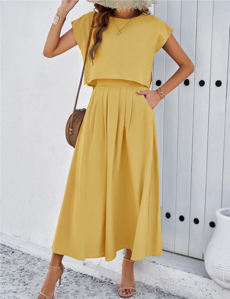 HangNiFang Summer Skirt Sets Women 2 Piece Outfits Cap Sleeve Top Elastic Waist Maxi Dress Sets with Pockets(1218-Yellow-M) - Image 3