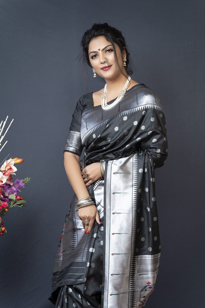 AMIRAT CLOTHING Womens Paithani Litchi silk Saree With Unstiched Blouse Piece (Black) - Image 2
