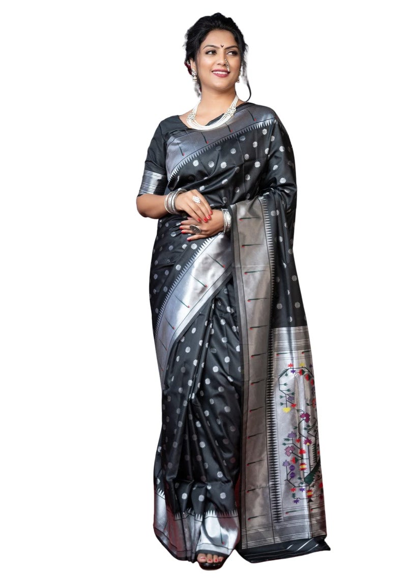 AMIRAT CLOTHING Womens Paithani Litchi silk Saree With Unstiched Blouse Piece (Black) - Image 1