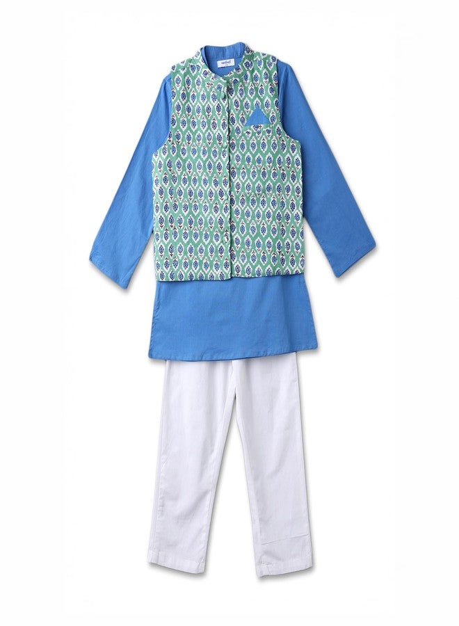 Nautinati Boys Ethnic Kurta Pyjama Set with Printed Nehru Jacket | Cotton | Age 1-5 Year - Image 1