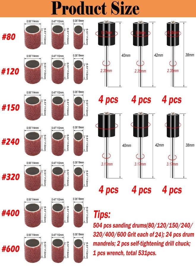 Sunxeke 531 Pieces Sanding Drums Kit,Drum Sander Sleeves 504pcs(80 120 150 240 320 400 600 Grit),24Pcs Drum Mandrels diameters,for Dremel Rotary Tool - Image 2