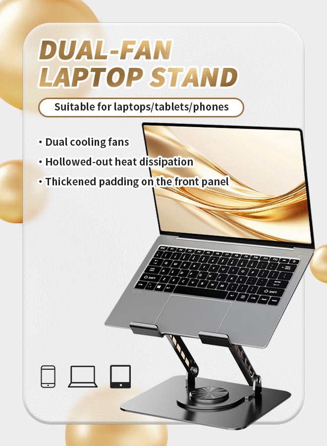 حامل كمبيوتر محمول من سبائك الألمنيوم مزود بمروحة تبريد، قاعدة دوارة بزاوية 360° لرفع الكمبيوتر المحمول، مناسب لـ MacBook Pro 2021 Air و Chromebook و iPad Pro/Air والمزيد، متوافق مع أجهزة الكمبيوتر المحمولة مقاس 10 إلى 17.3 بوصة - Image 2