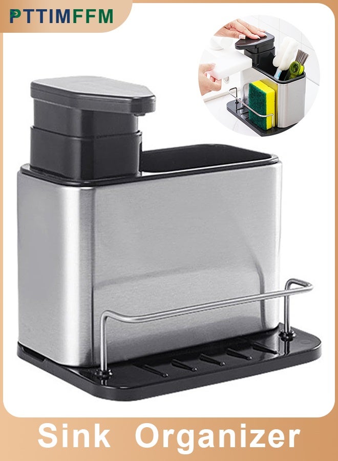 بتيمفم موزع صابون 3 في 1 مع حامل إسفنجة وفرشاة، منظم حوض من الفولاذ المقاوم للصدأ لسطح المطبخ - Image 1