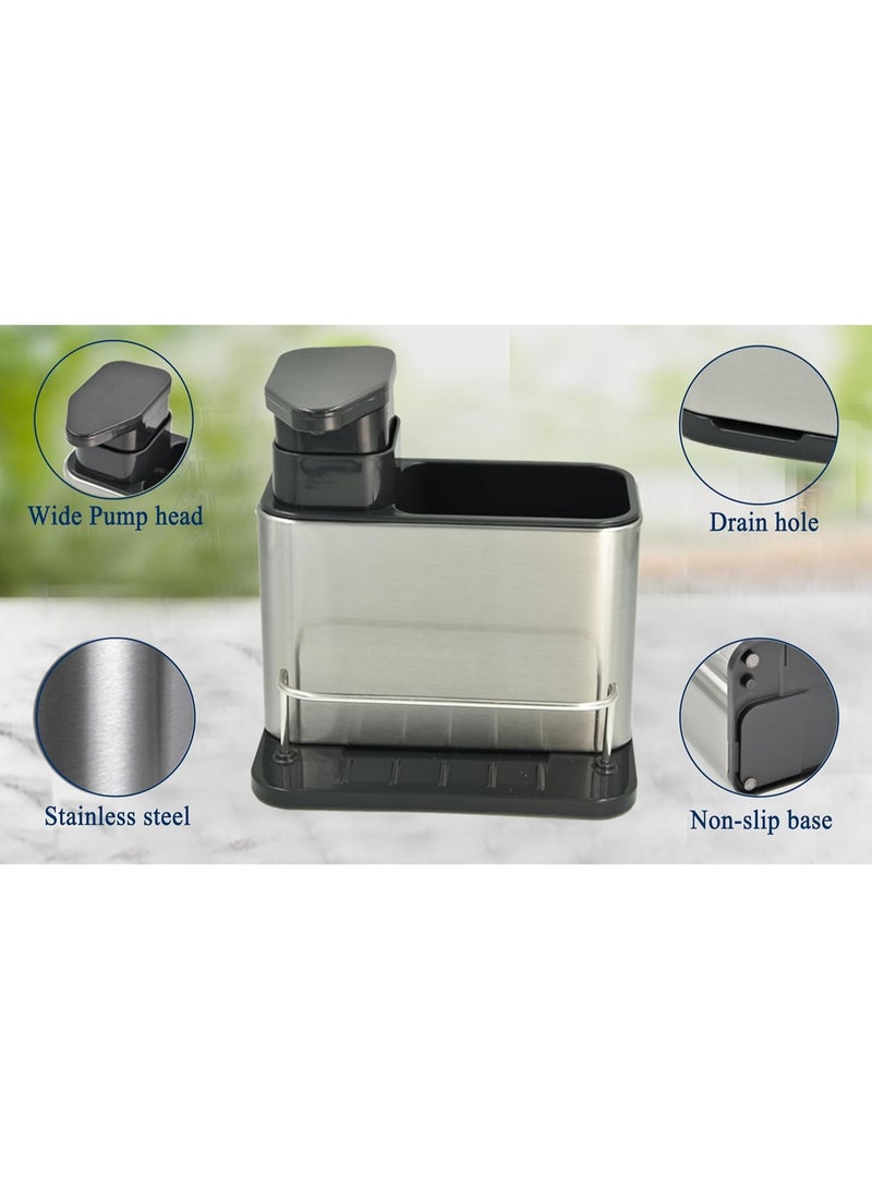 بتيمفم موزع صابون 3 في 1 مع حامل إسفنجة وفرشاة، منظم حوض من الفولاذ المقاوم للصدأ لسطح المطبخ - Image 2