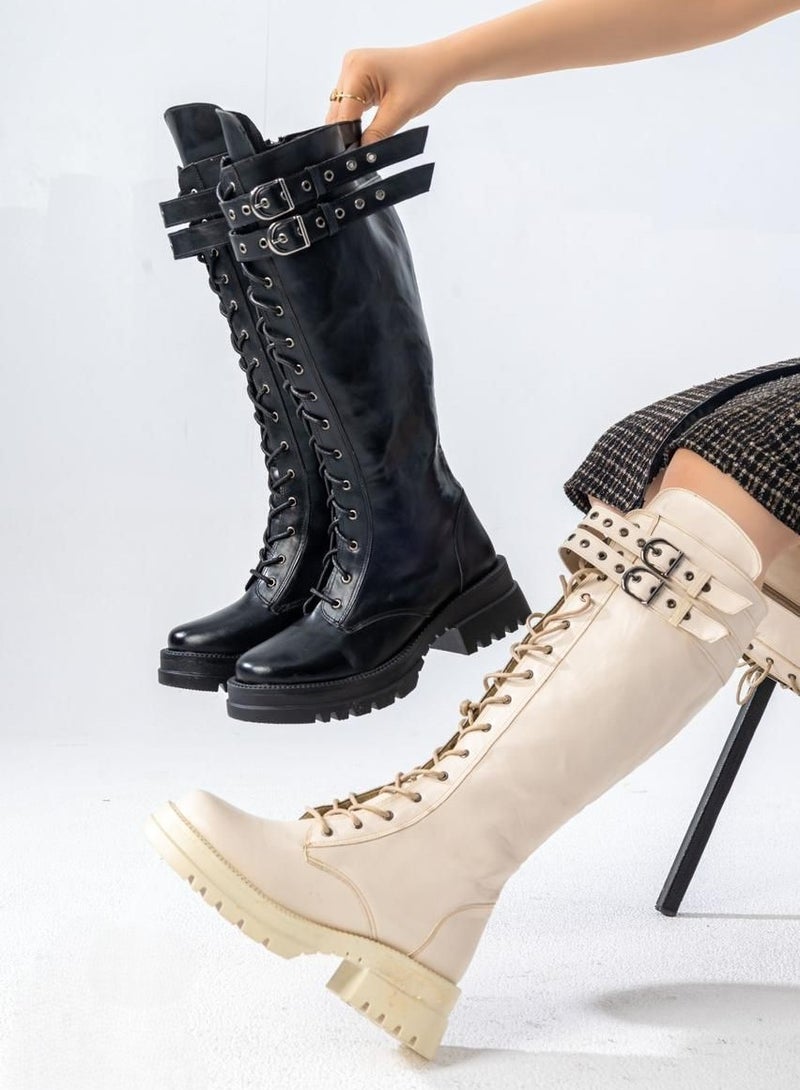 Vbranda Long Leather Boot With Front Lacing B-37- BEIGE - Image 2