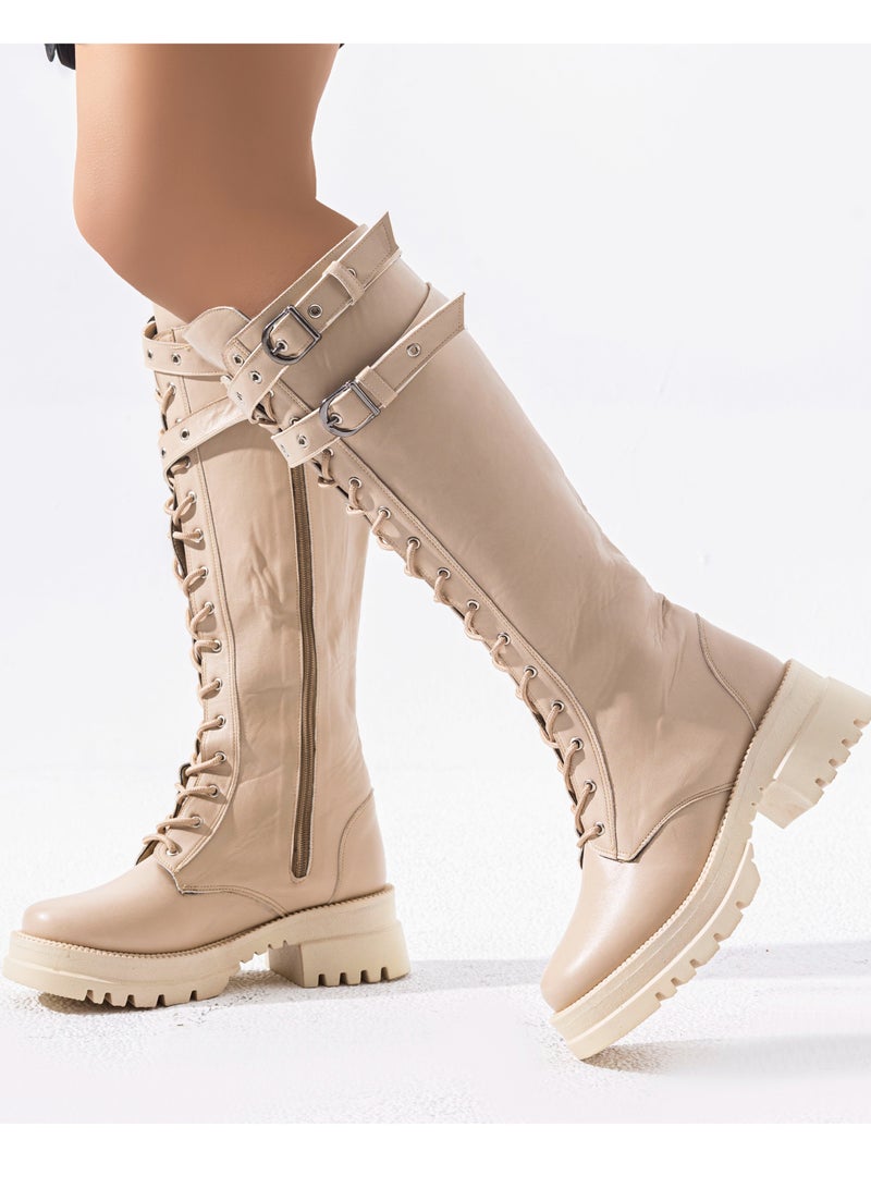 Vbranda Long Leather Boot With Front Lacing B-37- BEIGE - Image 1