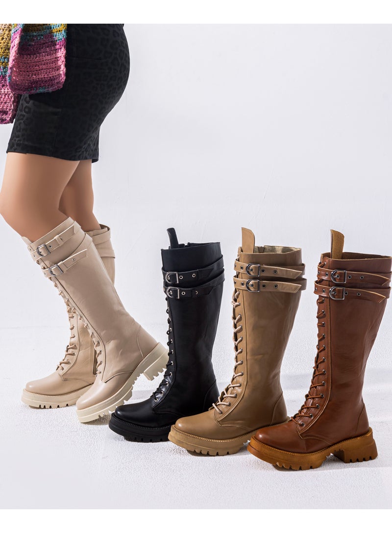 Vbranda Long Leather Boot With Front Lacing B-37- BEIGE - Image 3