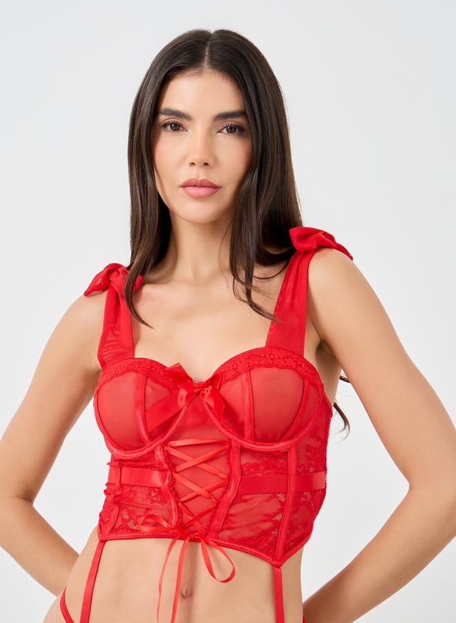 Take Two Women Solid Lace Wired Bow Detail Corset Top with Thong and Garters Set - Image 2