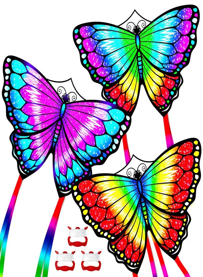 Hymaz 3 Pack Giant Butterfly Kites for Kids Age 4-8 8-12, Beach Kites with 328ft Kite String & Handles, Easy to Fly Kite with Long Tail, Flying Toys for Girls Adults Family Outdoor Activities Flying Fun - Image 1