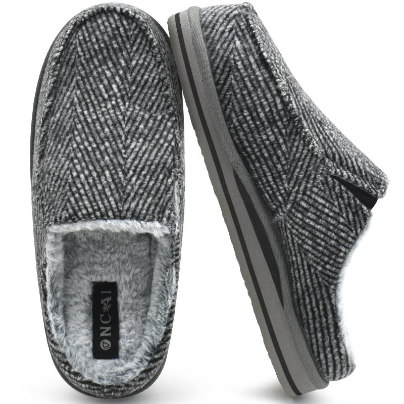 ONCAI Slipper for Men with Arch Support,Cotton-Blend Memory Foam House Slippers for Men Warm Strips Fluff Plush Wool-like Clogs with Rubber Sole Grey Size 9 - Image 1
