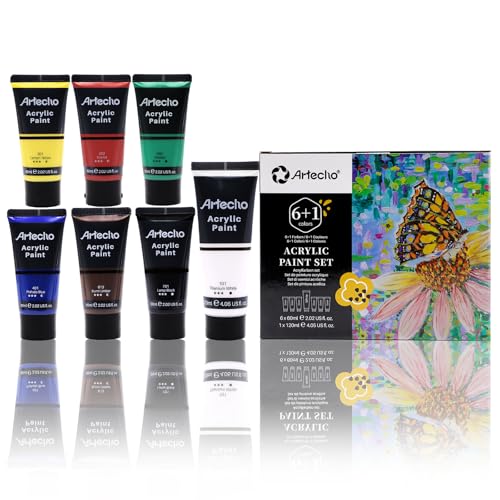 Artecho Acrylic Paint Set, 7 Primary Colors - 6x2.02oz/60ml & 1x4.05oz/120ml Titanium White Tubes, Art Craft Paints for Canvas, Rock, Wood, Fabric, Art Supplies - Image 1