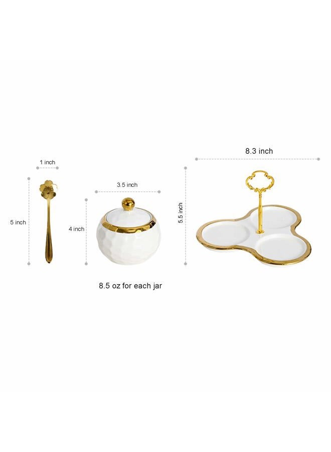 BIHOIB Golf Porcelain Sugar Bowl Condiment Pot Salt Container with Lid, Spoon and Tray, Set of 3, Modern Spice Box Seasoning Jar, White and Gold - Image 4