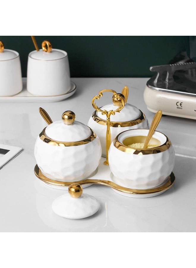 BIHOIB Golf Porcelain Sugar Bowl Condiment Pot Salt Container with Lid, Spoon and Tray, Set of 3, Modern Spice Box Seasoning Jar, White and Gold - Image 2