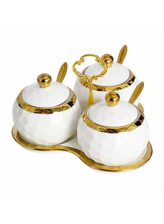 BIHOIB Golf Porcelain Sugar Bowl Condiment Pot Salt Container with Lid, Spoon and Tray, Set of 3, Modern Spice Box Seasoning Jar, White and Gold - Image 1
