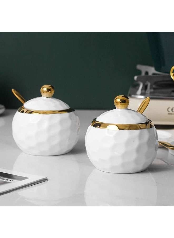 BIHOIB Golf Porcelain Sugar Bowl Condiment Pot Salt Container with Lid, Spoon and Tray, Set of 3, Modern Spice Box Seasoning Jar, White and Gold - Image 5